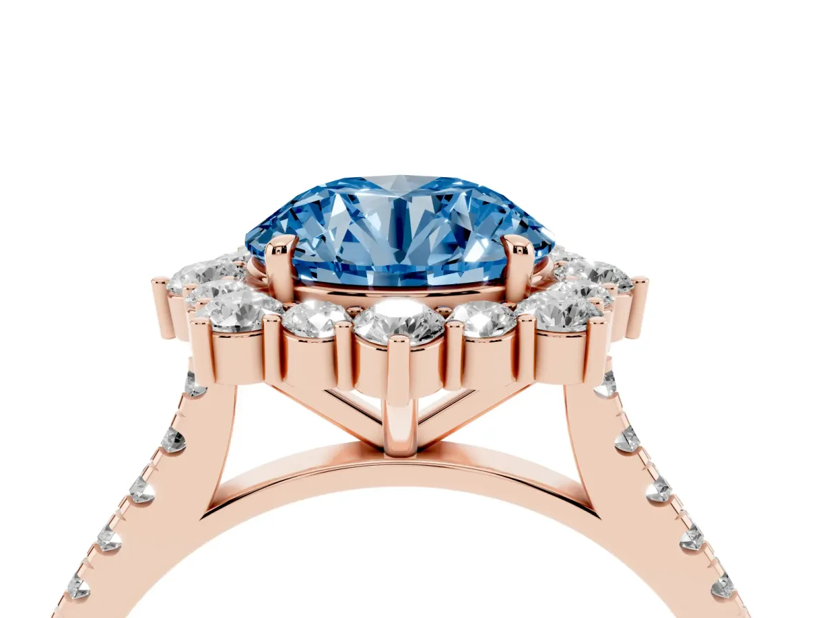 Fancy Blue Round Cut Halo Diamond Ring with Pavé Band and Prong Setting Rose gold