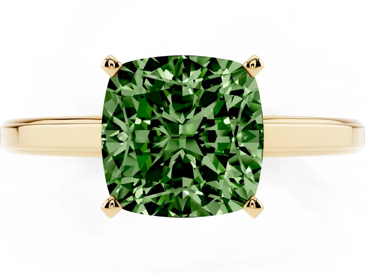 Fancy Green Cushion Cut Solitaire Diamond Ring with Four-Prong Setting and Classic Band Yellow gold