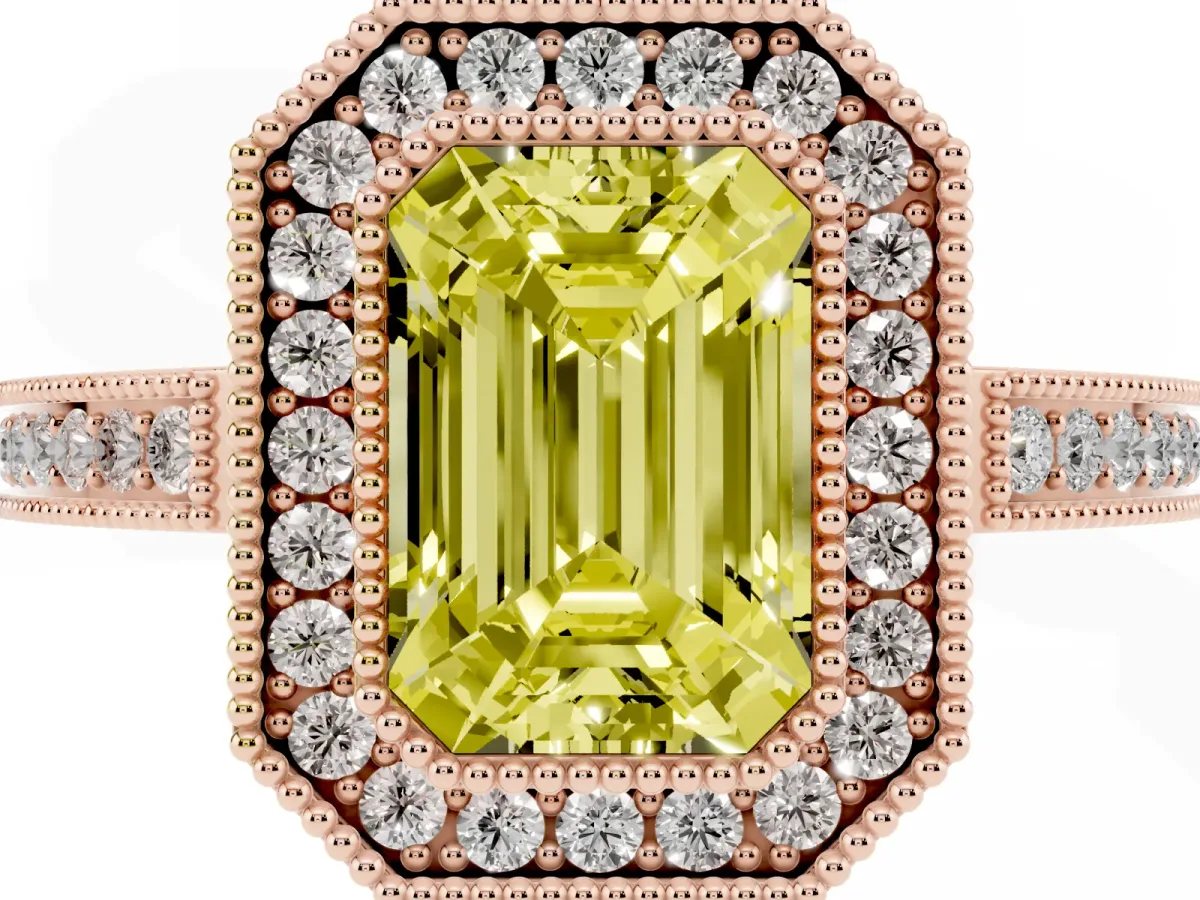 Fancy Yellow Emerald Cut Cut Halo Diamond Ring with Pavé Band and Milgrain Prong Setting Rose gold