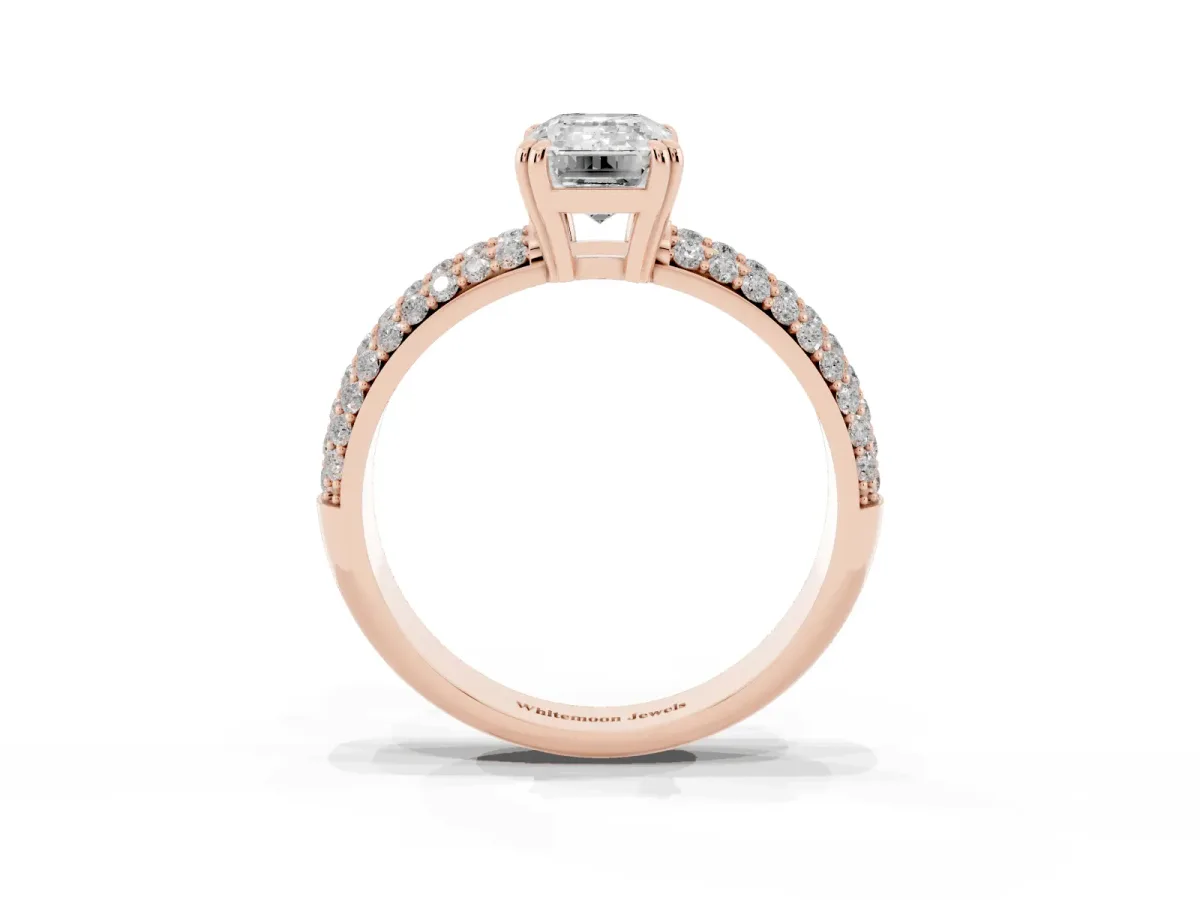 Emerald Cut Diamond Solitaire Ring with Multi-Row Round Pavé Band and Prong Setting Rose gold