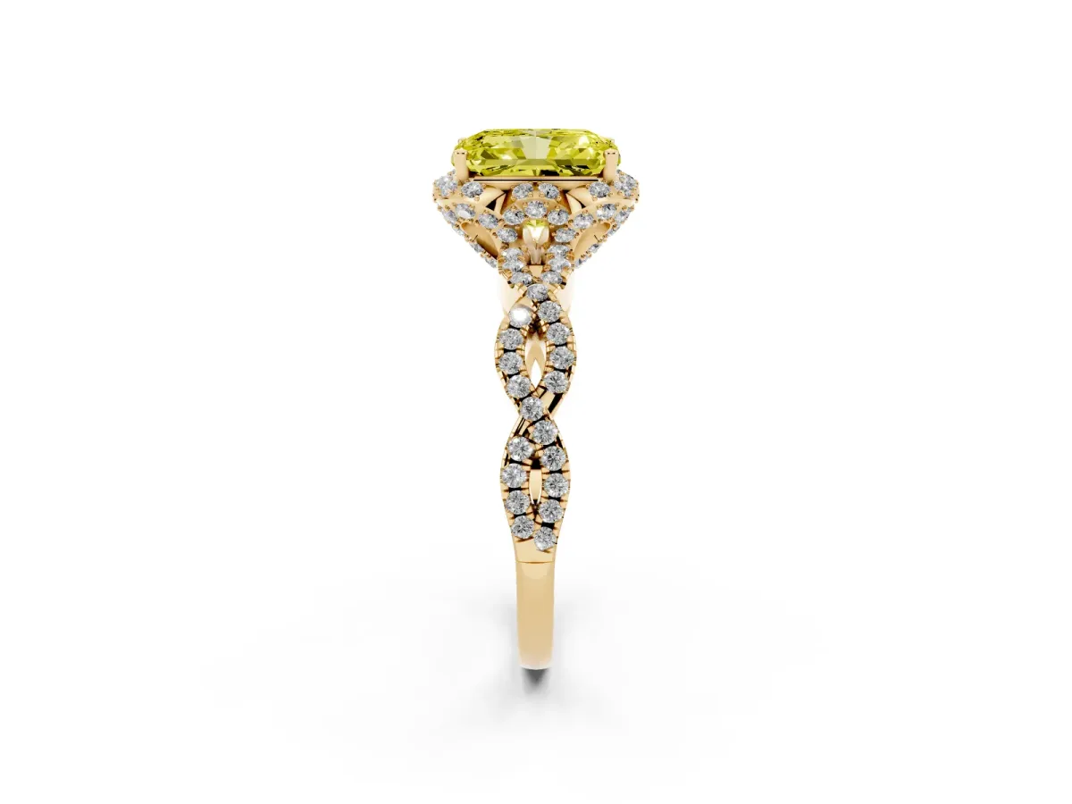 Fancy Yellow Radiant Cut Halo Twist Band Solitaire Ring with Six-Prong Setting Yellow gold