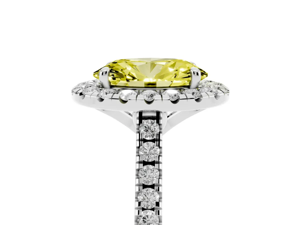 Fancy Yellow Oval Cut Diamond Cushion Halo Ring with Pavé Band Silver