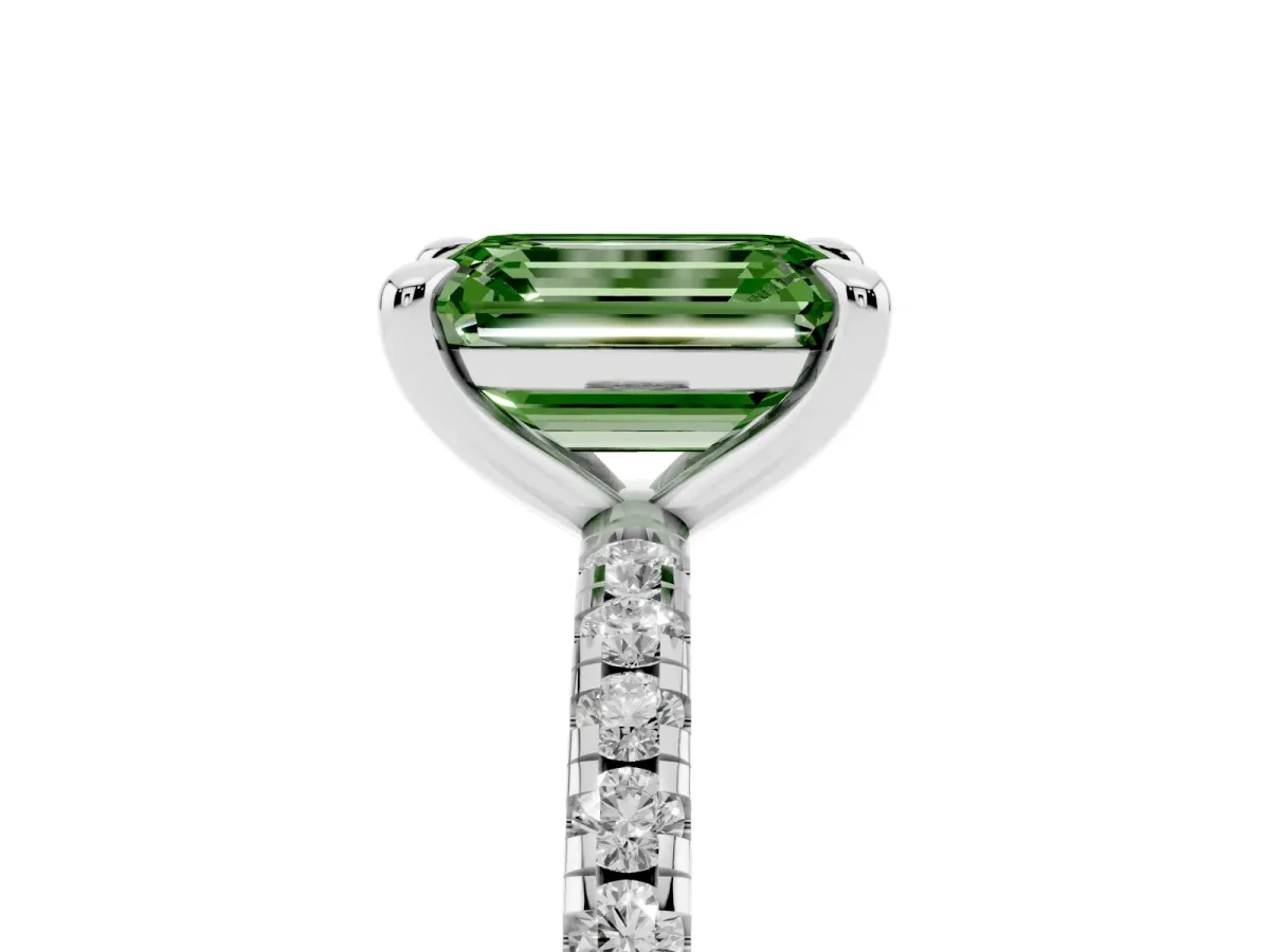 Fancy Green Emerald Cut Diamond Brilliant Solitaire Ring with Pavé Band and Four-Prong Setting Silver