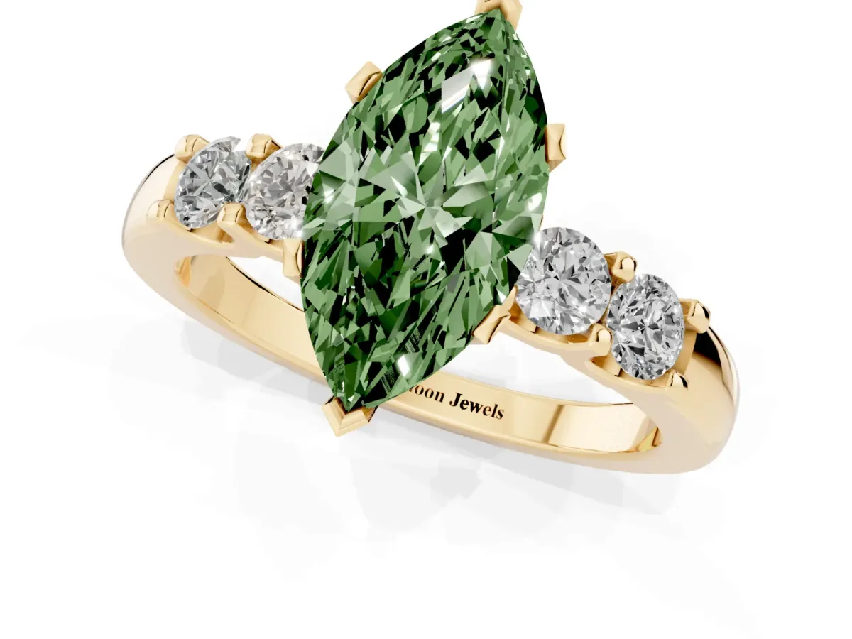 Fancy Green Marquise Cut Brilliant Cut Diamond Five-Stone Prong Set Engagement Ring with Channel Band Yellow gold