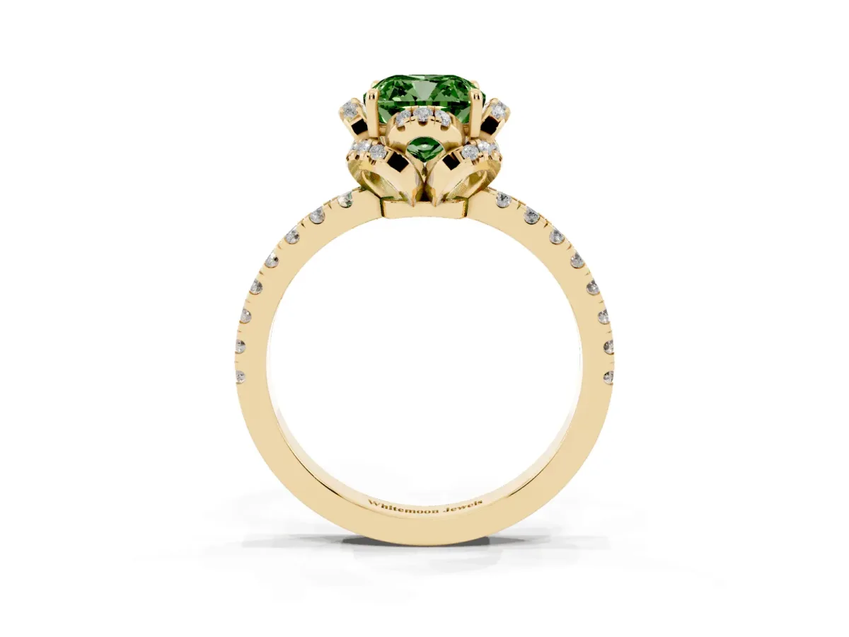 Fancy Green Cushion Cut Halo Diamond Pave Band Ring with Four-Prong Setting Yellow gold