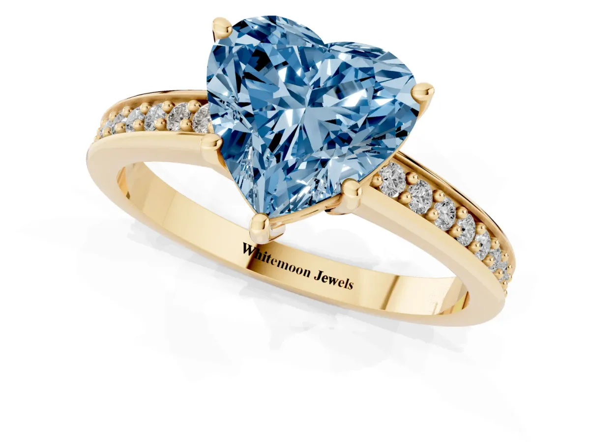 Fancy Blue Heart Cut Solitaire Pavé Band Prong Setting Ring Yellow gold