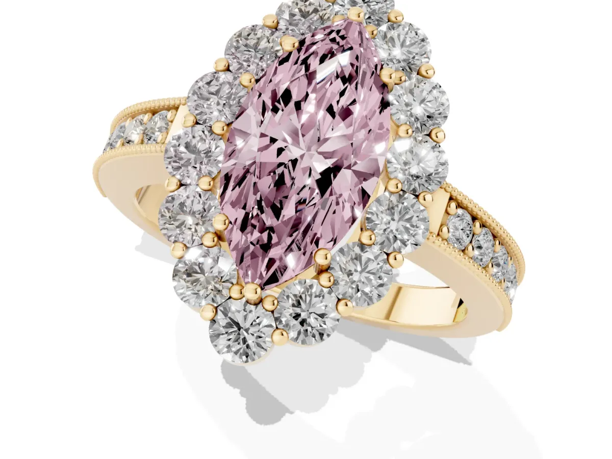 Fancy Pink Marquise Cut Cut Halo Diamond Pavé Engagement Ring with Milgrain Detailing Yellow gold