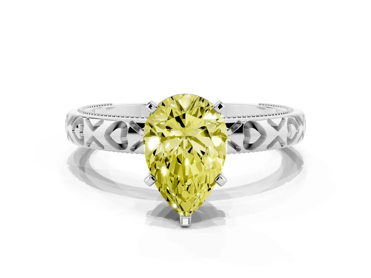 Fancy Yellow Pear Cut Solitaire Diamond Engagement Ring with XO Engraved Band and Four-Prong Setting Silver