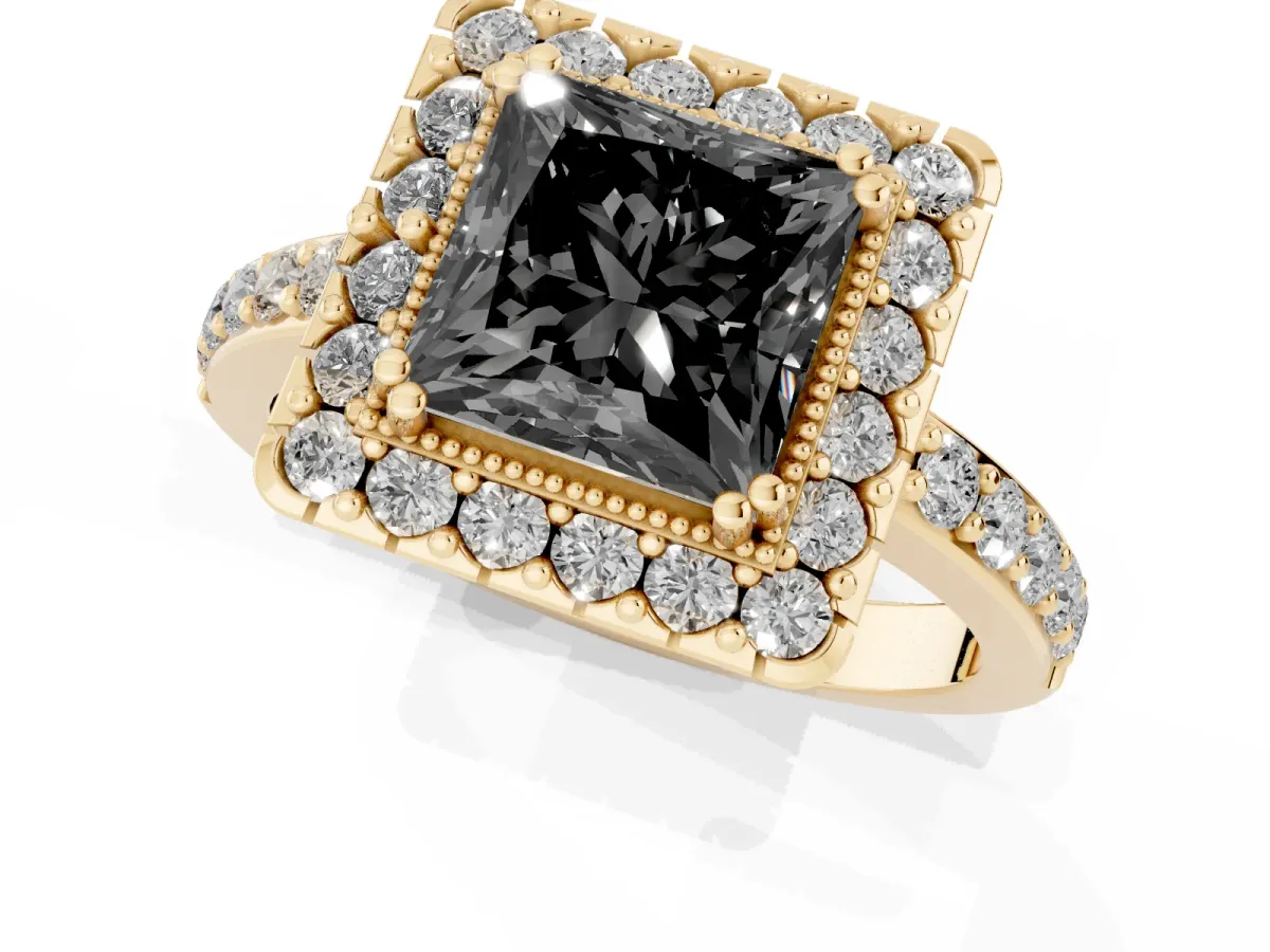 Fancy Black Princess Cut Diamond Halo Ring with Pavé Band and Prong Setting Yellow gold