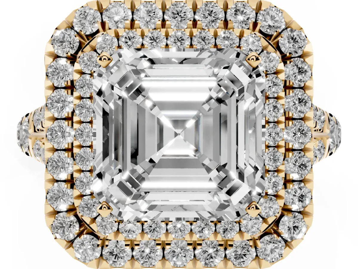 Asscher Cut Cut Double Halo Split Shank Diamond Ring with Prong Setting Yellow gold