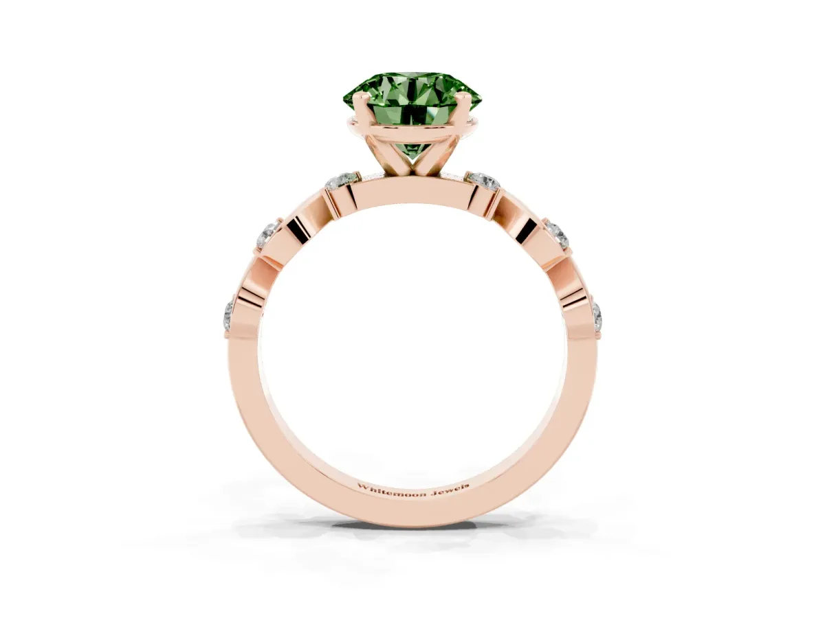 Fancy Green Round Cut Diamond Solitaire Twisted Band with Round Accents and Prong Setting Rose gold