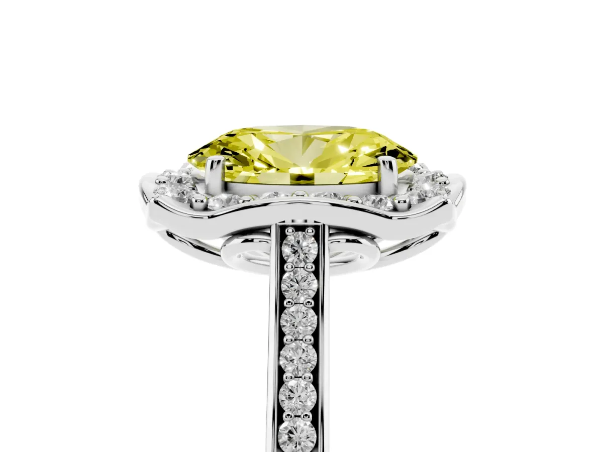 Fancy Yellow Oval Cut Halo Round Diamond Pave Band with Four-Prong Setting Silver