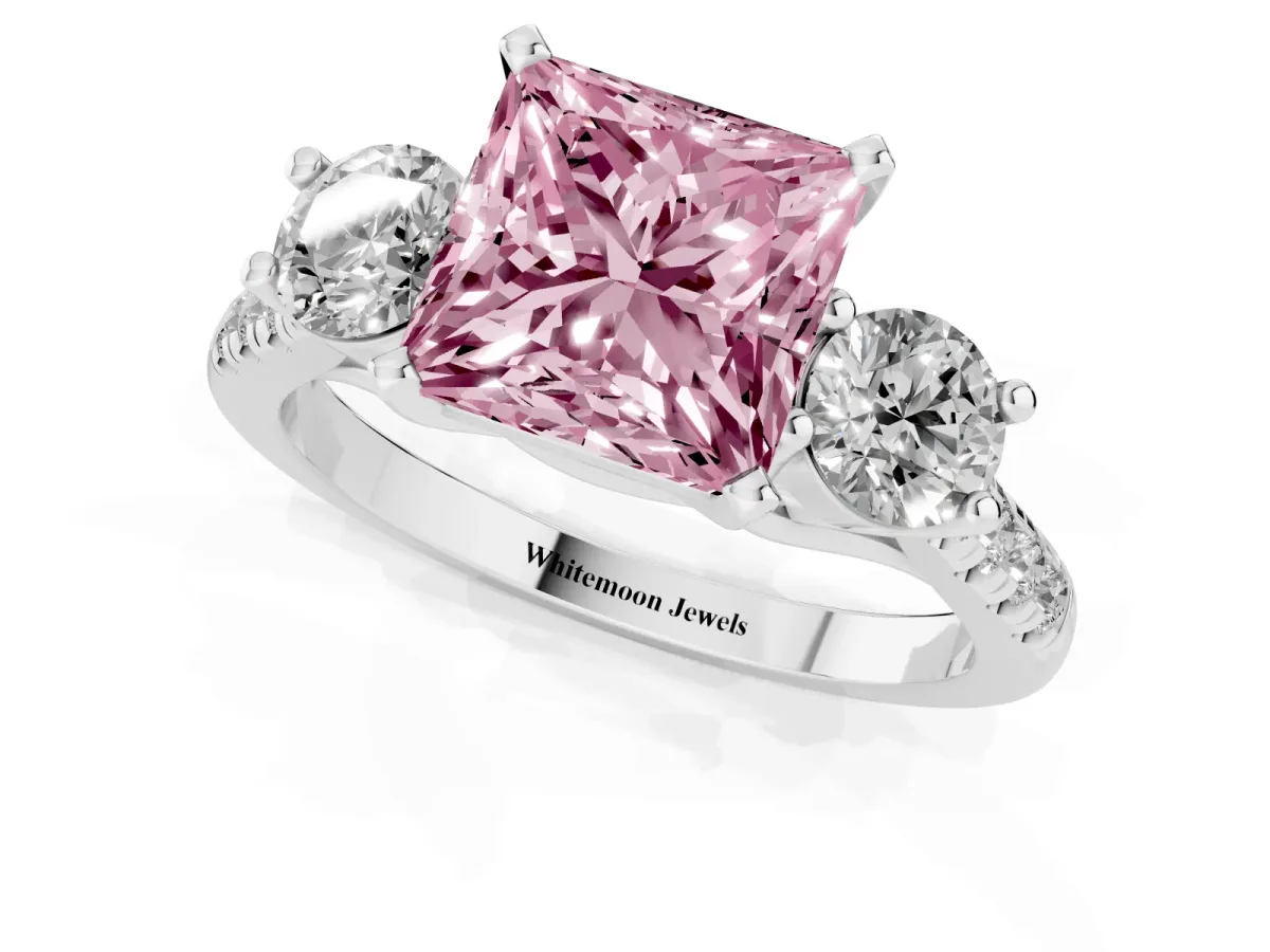 Fancy Pink Three-Stone Princess Cut Diamond Pavé Band with Four-Prong Setting Silver