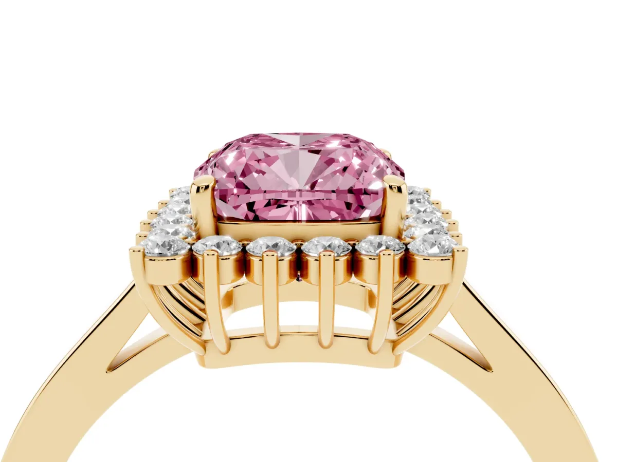Fancy Pink Cushion Cut Cut Diamond Halo Ring with Round Brilliant Halo and Solitaire Band Yellow gold