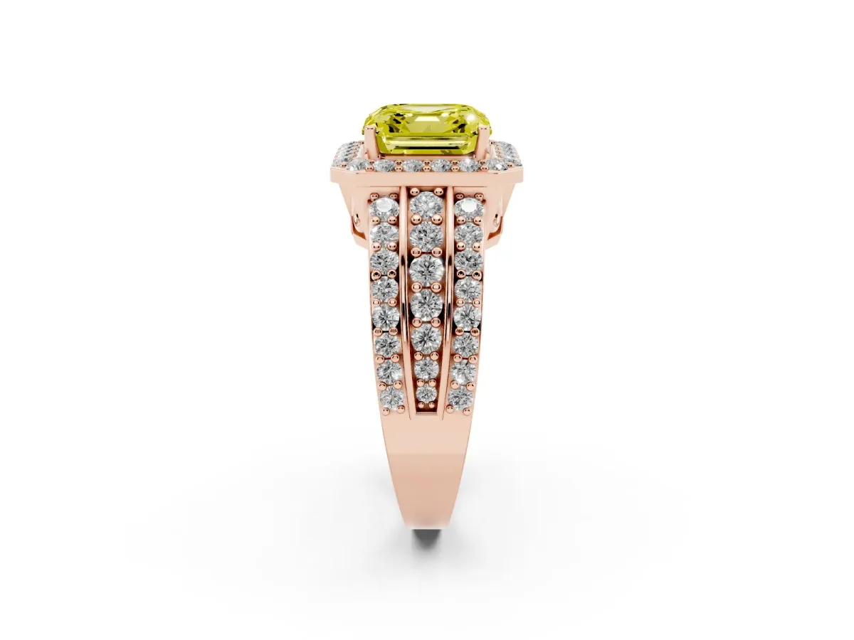 Fancy Yellow Asscher Cut Halo Diamond Ring with Round Split Shank and Prong Setting Rose gold