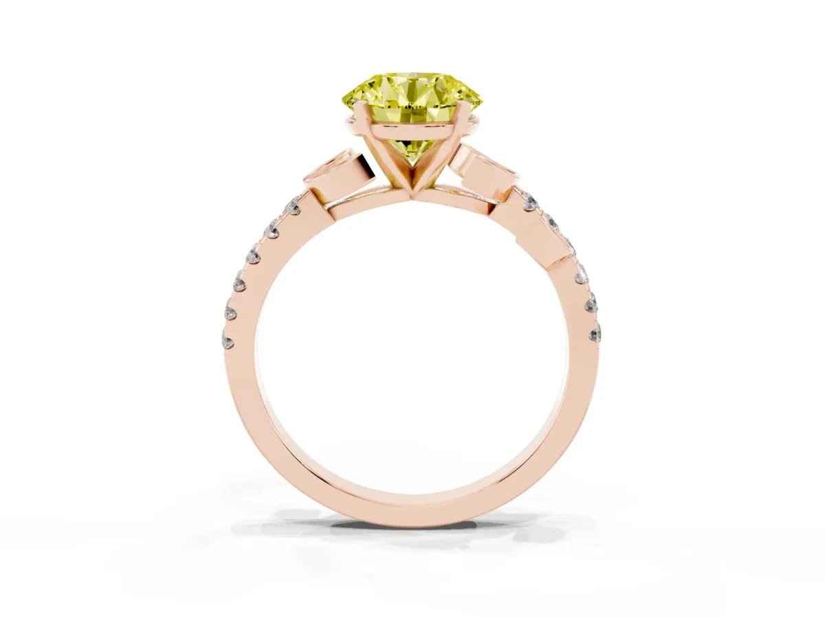 Fancy Yellow Round Cut Solitaire Leaf-Inspired Diamond Ring with Pavé Band and Four-Prong Setting Rose gold