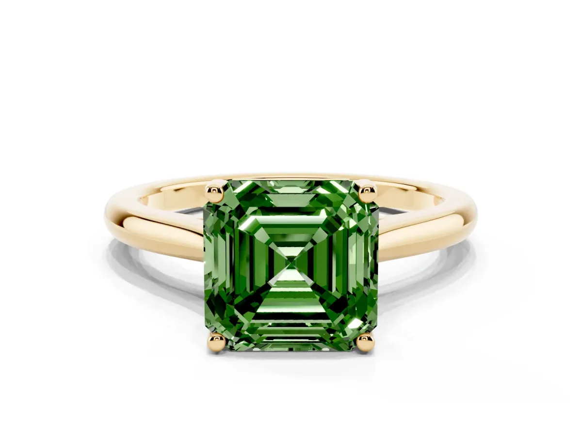 Fancy Green Asscher Cut Cut Solitaire Ring with Cathedral Band and Four-Prong Setting Yellow gold