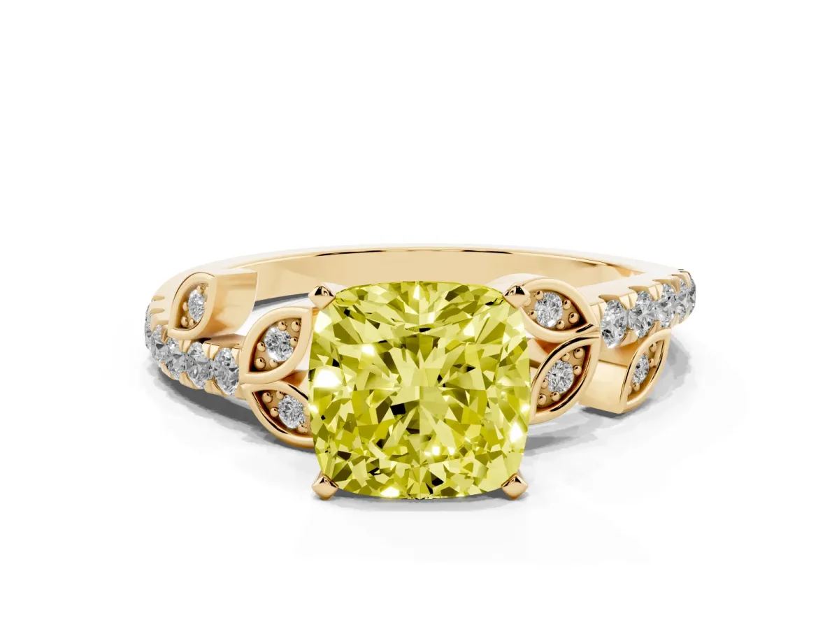 Fancy Yellow Cushion Cut Solitaire Leaf-Inspired Diamond Ring with Pavé Band and Four-Prong Setting Yellow gold