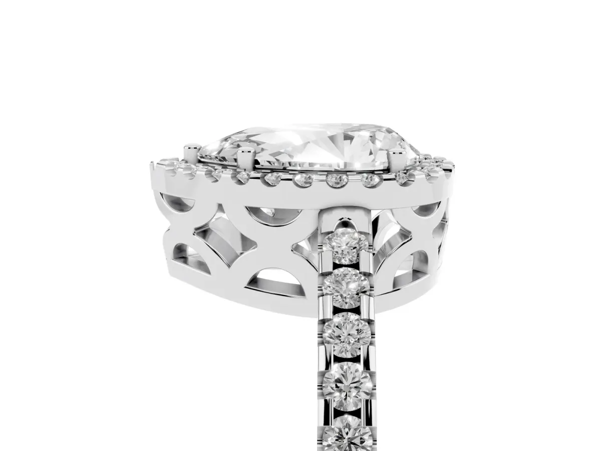 Pear Cut Diamond Halo Engagement Ring with Pavé Band and Prong Setting Silver