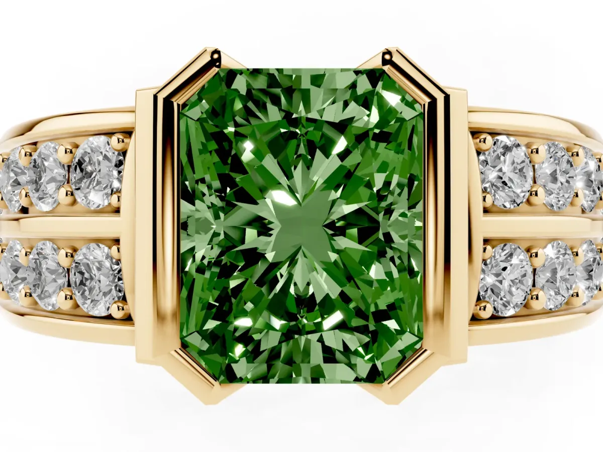 Fancy Green Radiant Cut Brilliant Diamond Channel Set Wide Band Ring with Bezel Setting Yellow gold