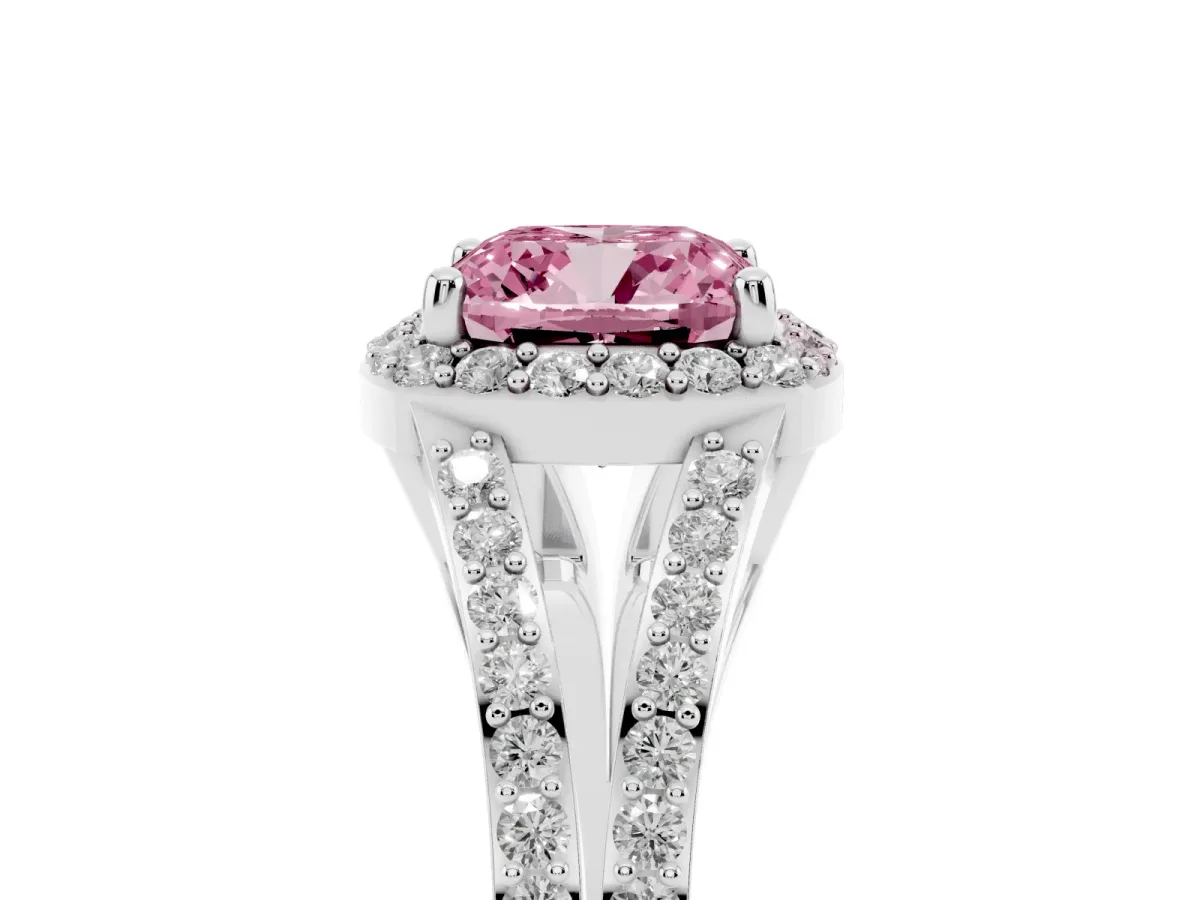 Fancy Pink Cushion Cut Halo Split Shank Diamond Ring with Prong Setting Silver