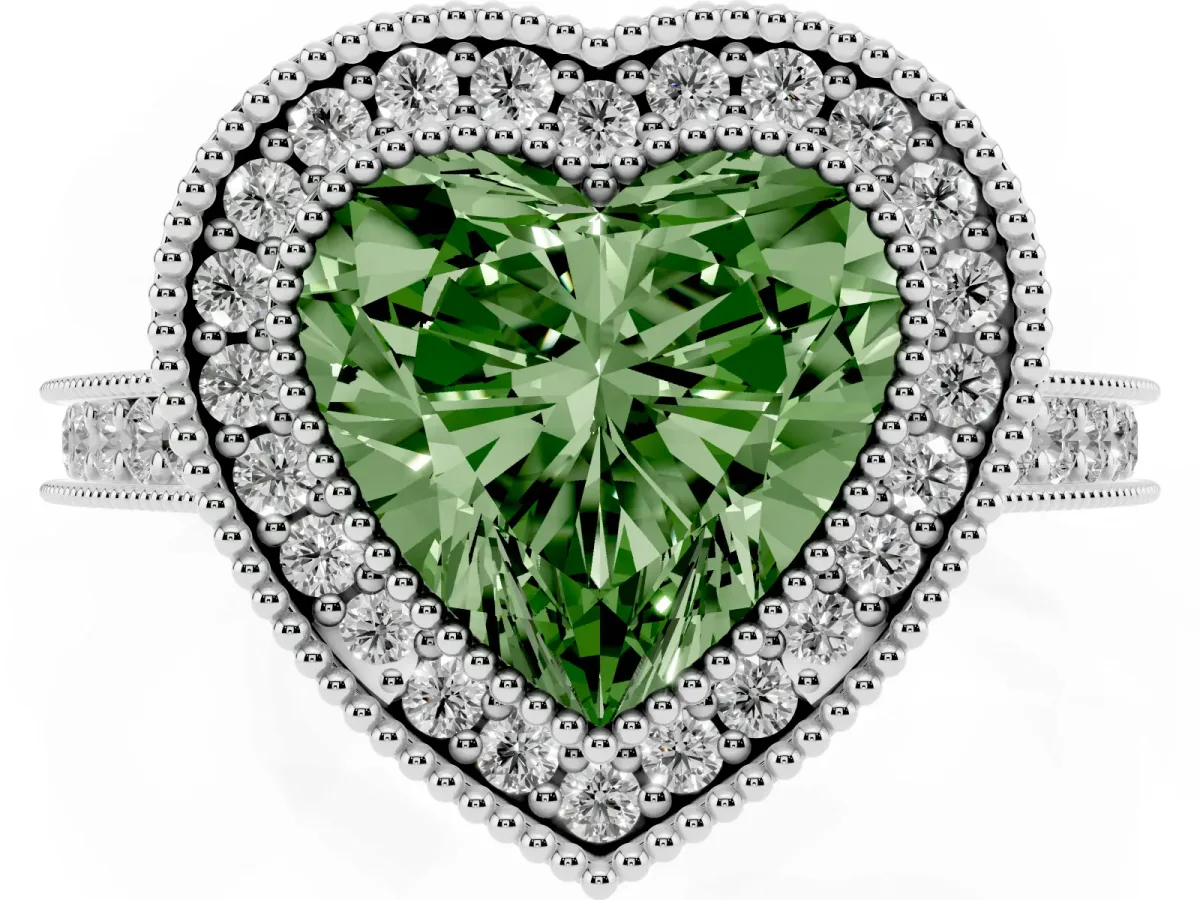 Fancy Green Halo Heart Cut-Cut Diamond Pave Band Milgrain Prong Setting Ring Silver