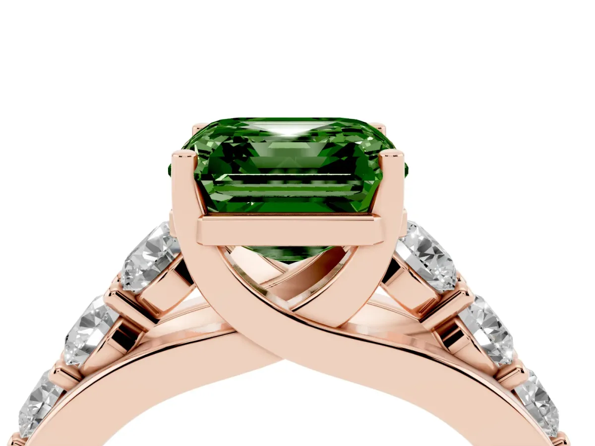 Fancy Green Asscher Cut Diamond Engagement Ring with Pavé Band and Four-Prong Setting Rose gold