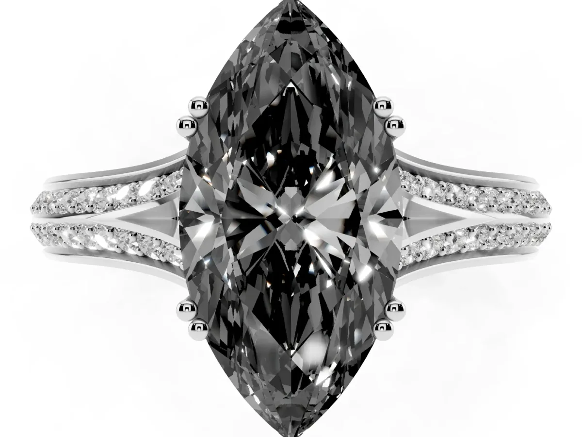 Fancy Black Marquise Cut Diamond Split Shank Engagement Ring with Pavé Band Silver