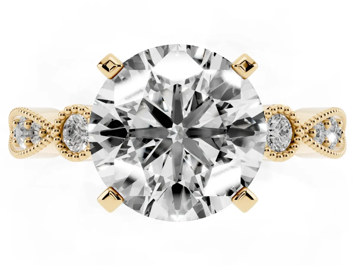 Round Cut Milgrain Bezel Diamond Engagement Ring with Solitaire Prong Setting Yellow gold