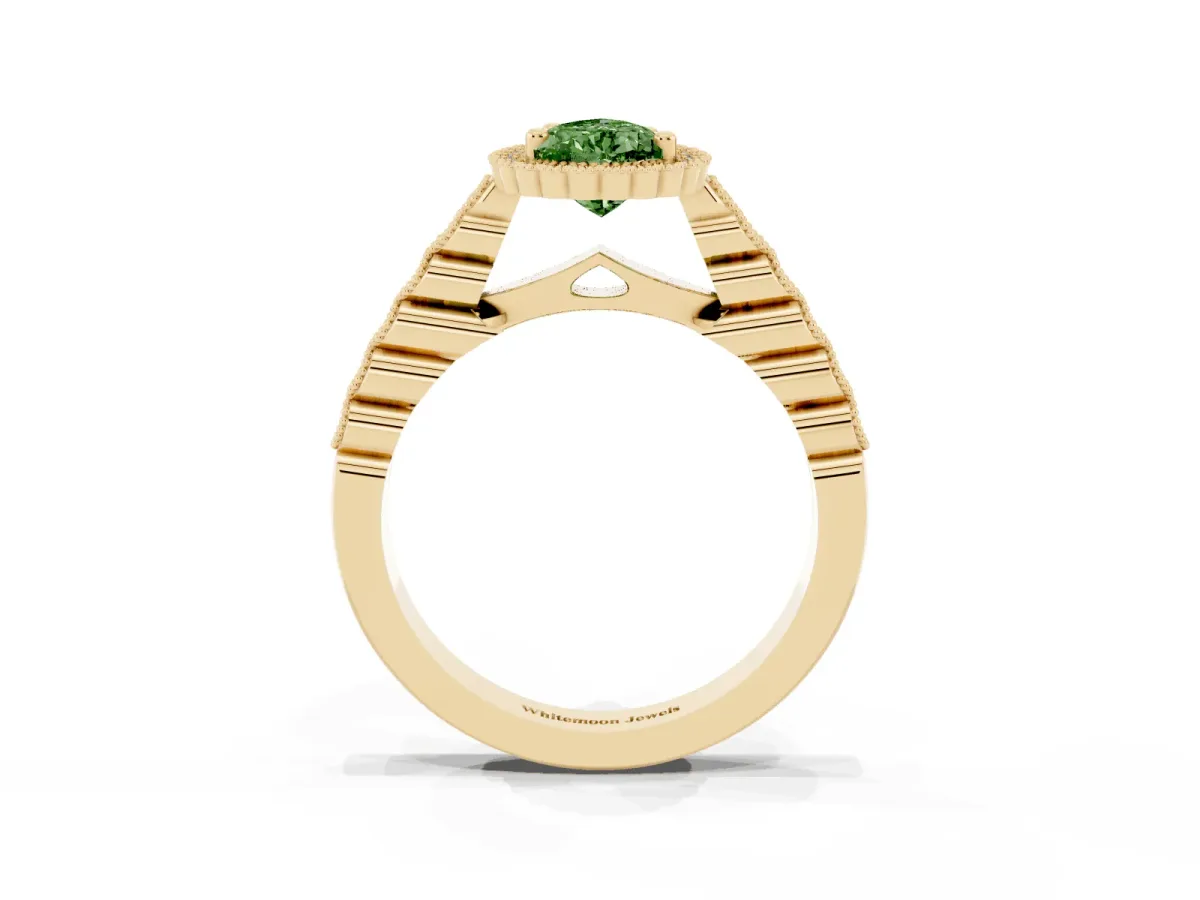 Fancy Green Pear Cut Cut Halo Pavé Solitaire Ring with Milgrain Band Yellow gold