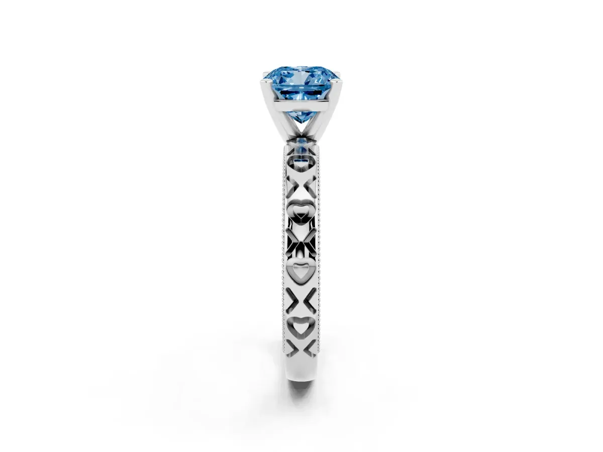 Fancy Blue Cushion Cut Solitaire Diamond Engagement Ring with XO Engraved Band and Four-Prong Setting White gold