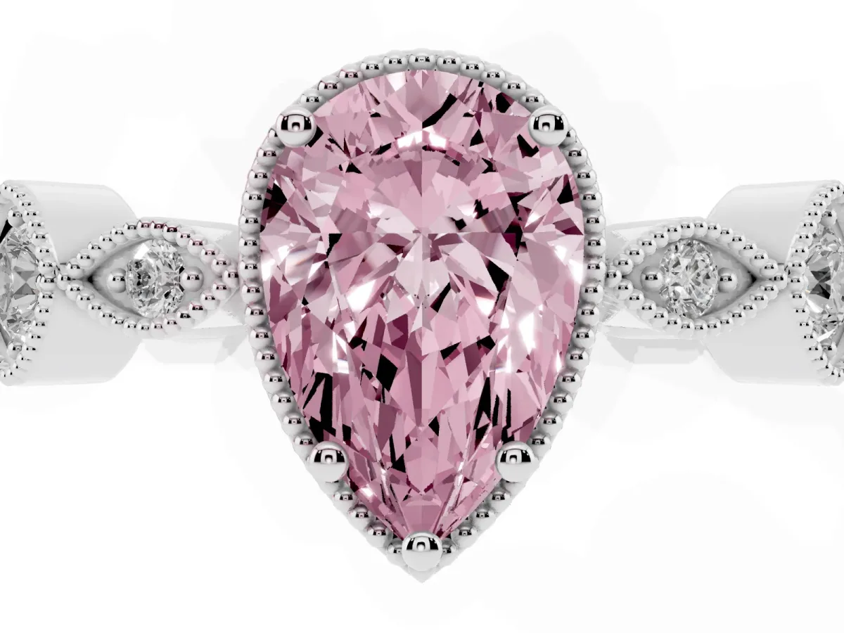 Fancy Pink Pear Cut Diamond Vintage Milgrain Ring with Round Stations Silver