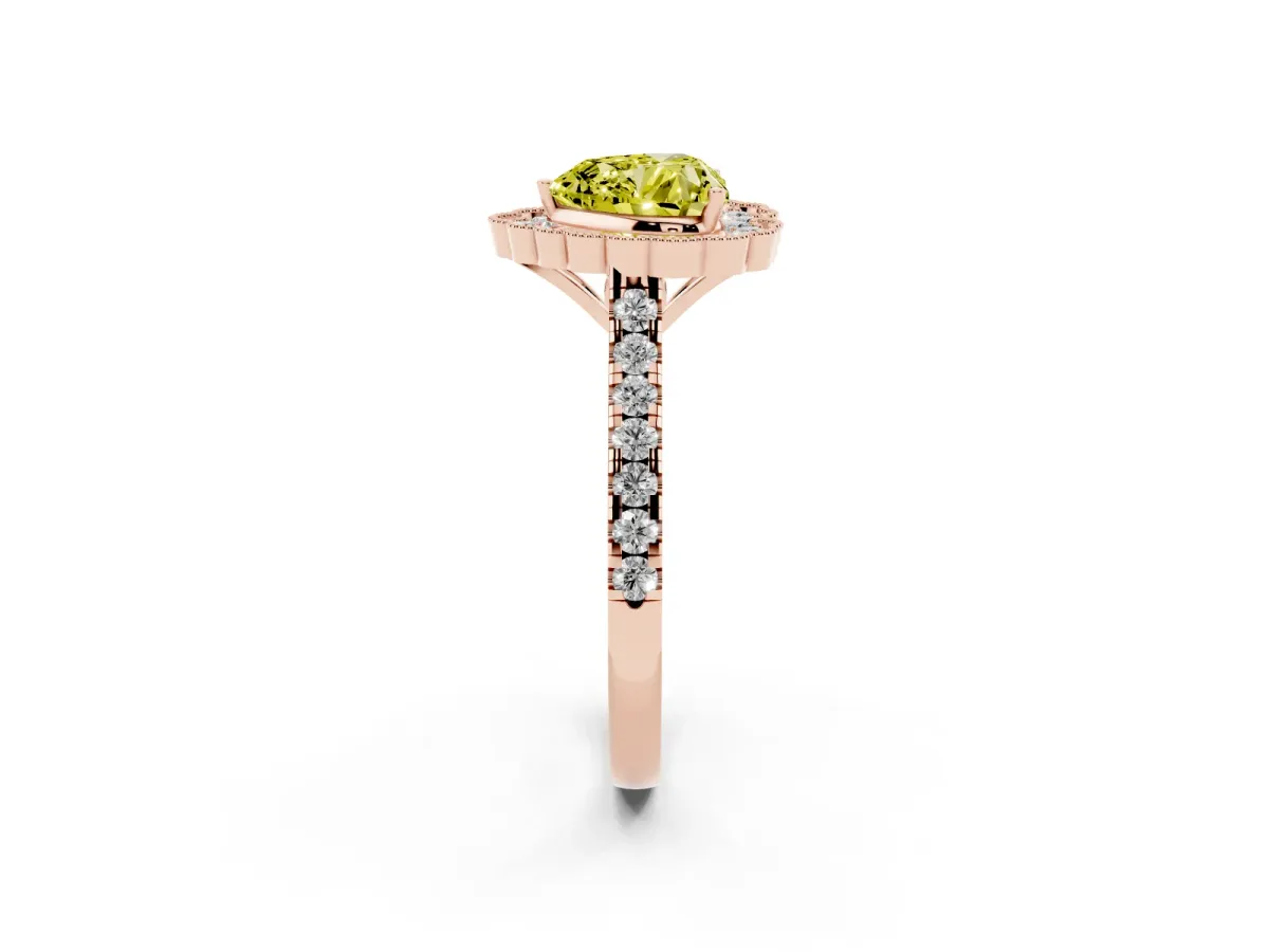 Fancy Yellow Heart Cut Cut Diamond Milgrain Floral Halo Engagement Ring with Pavé Band Rose gold