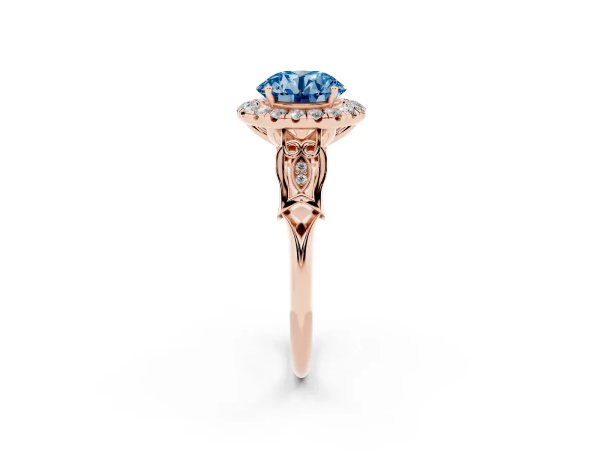 Fancy Blue Round Cut Halo Diamond Engagement Ring with Filigree Band and Four-Prong Setting Rose gold