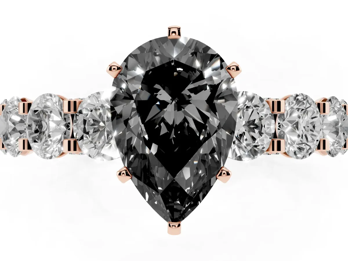 Fancy Black Pear Cut Diamond Side Stone Engagement Ring with Four-Prong Setting Rose gold