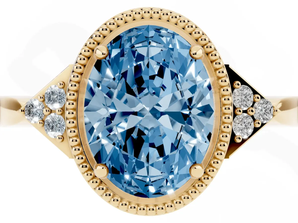 Fancy Blue Oval Cut Diamond Halo Ring with Tapered Band and Four-Prong Setting Yellow gold