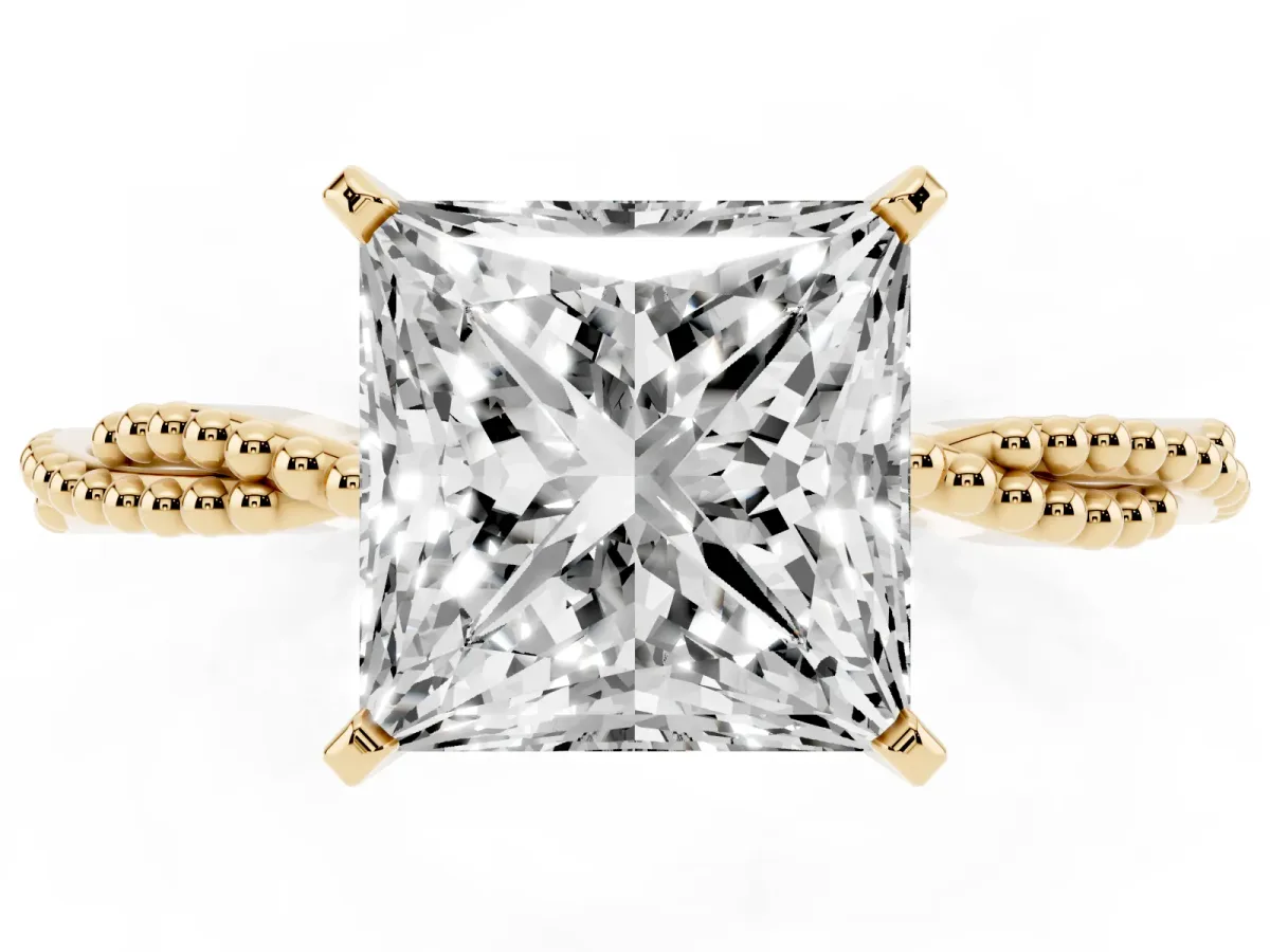 Princess Cut Solitaire Twisted Band with Bead Prong Setting Yellow gold