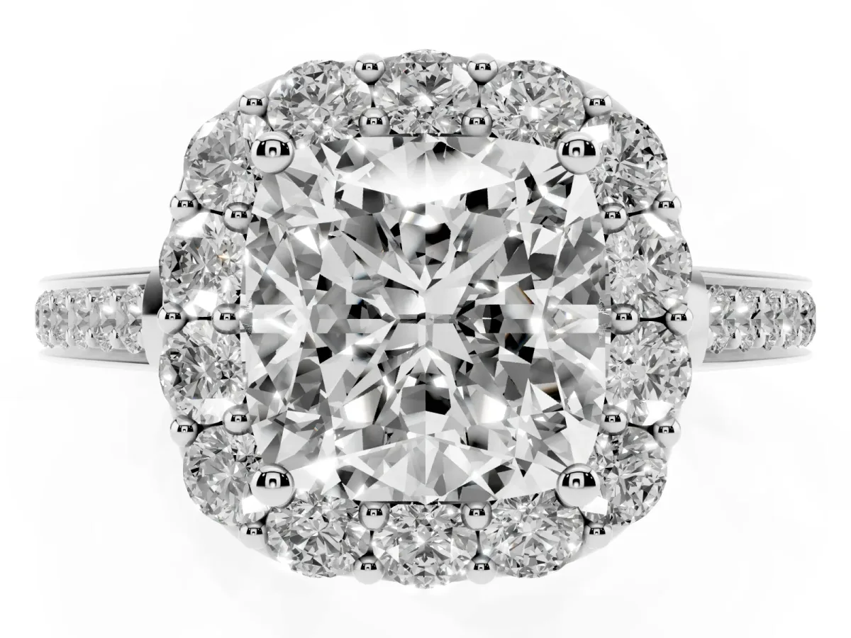 Cushion Cut Diamond Floral Halo Ring with Pavé Band and Prong Setting Platinum