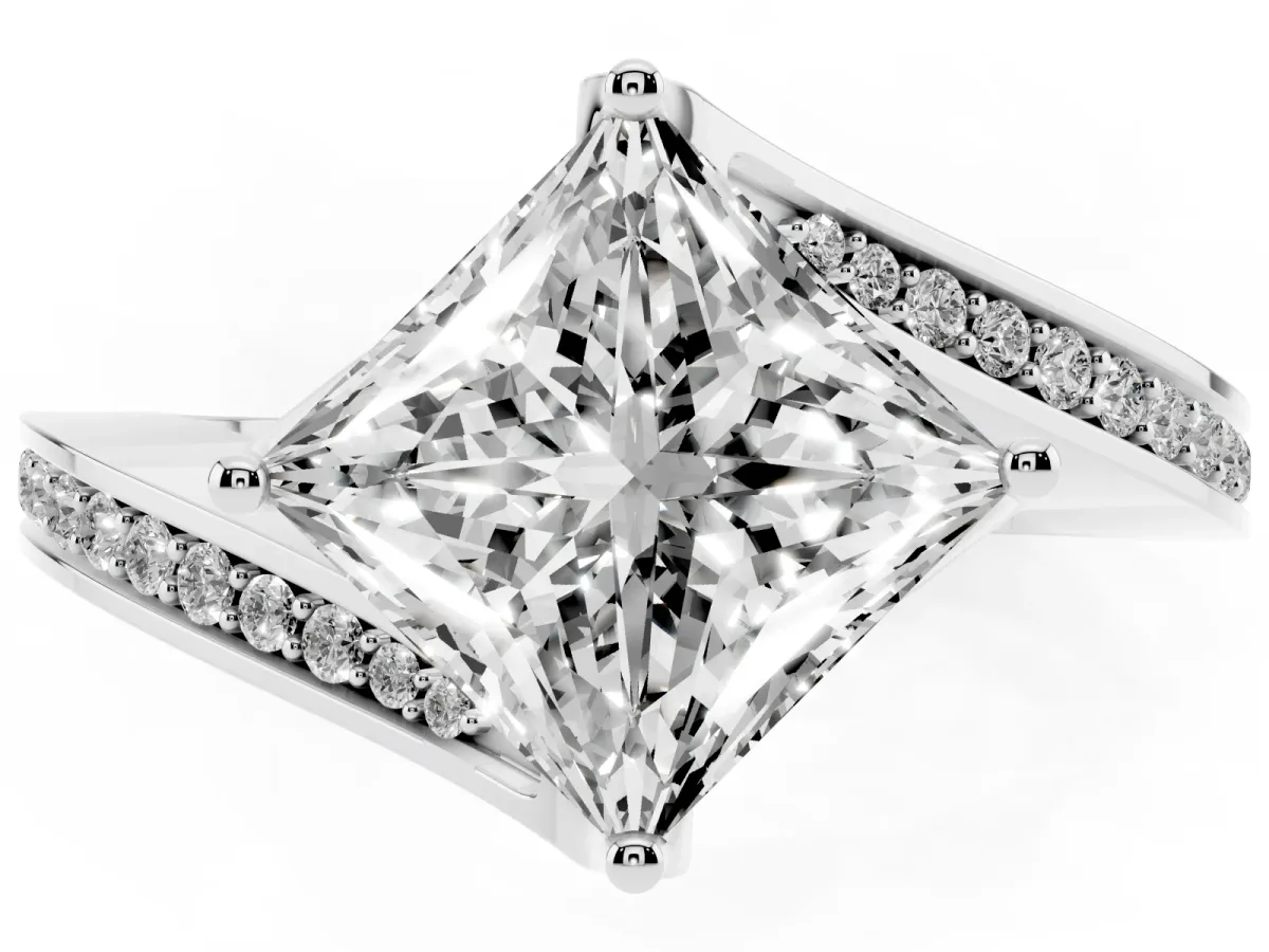 Princess Cut Solitaire Diamond Twist Band with Pavé Setting and Four-Prong Setting Silver
