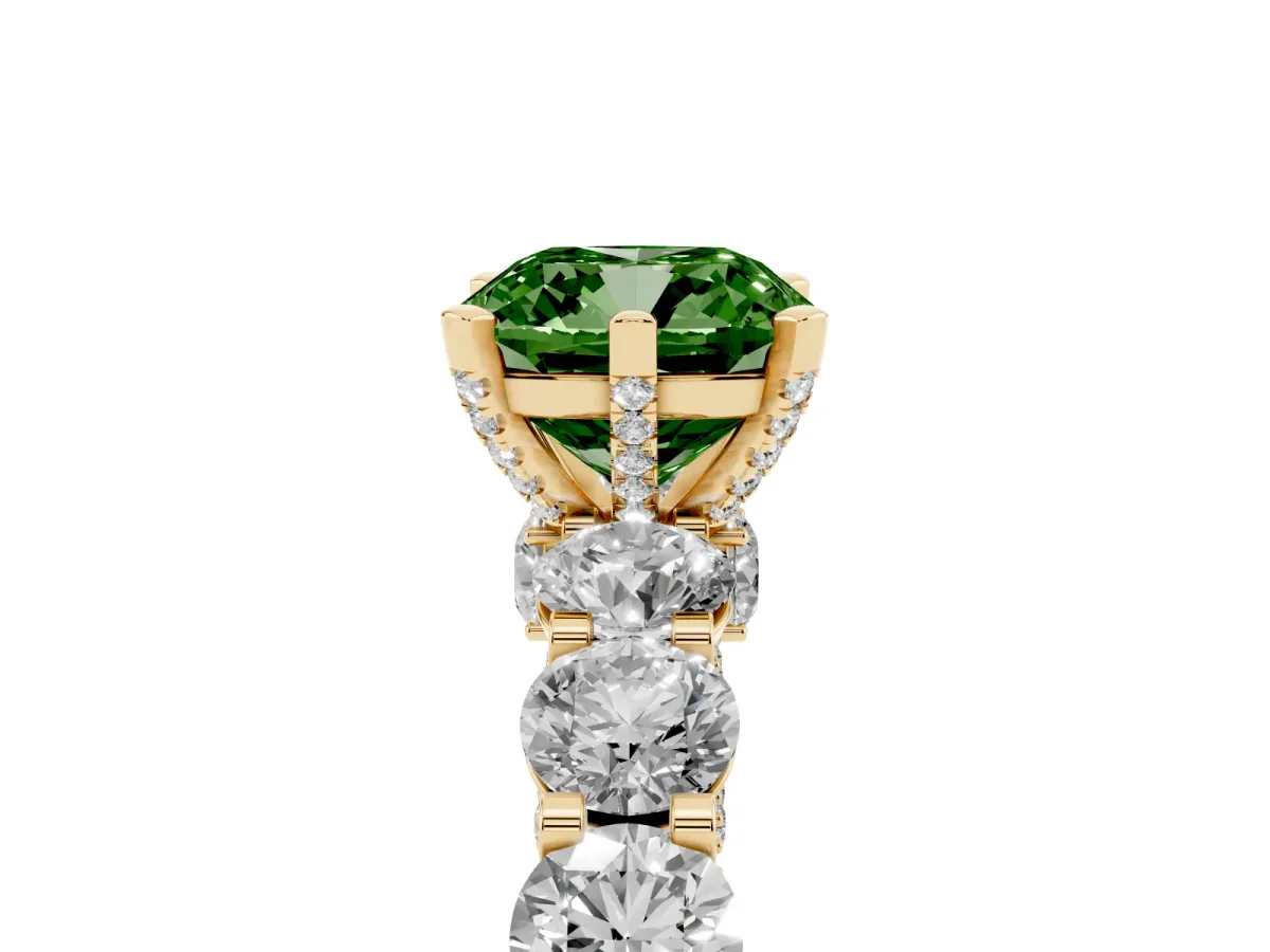 Fancy Green Cushion Cut Diamond Side Stone Engagement Ring with Four-Prong Setting Yellow gold