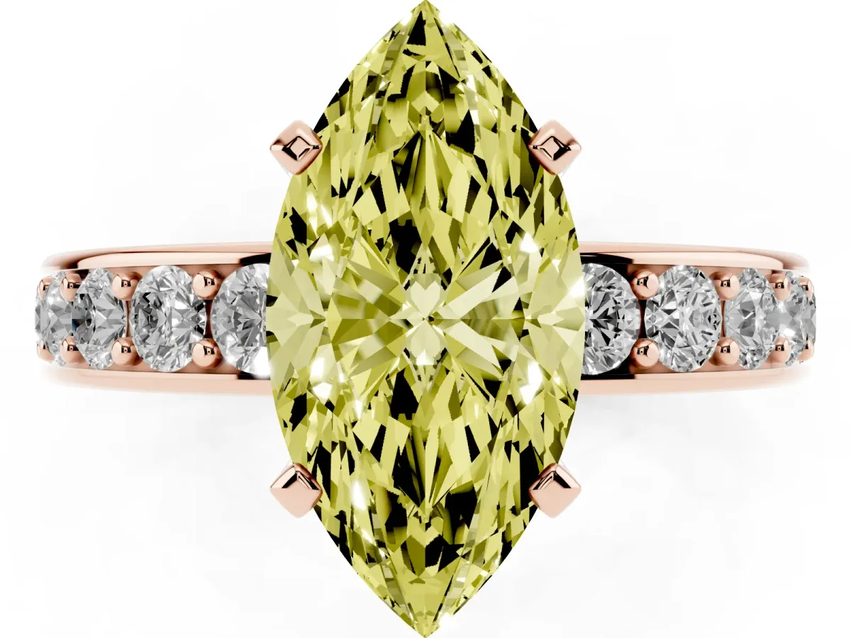 Fancy Yellow Marquise Cut Diamond Engagement Ring with Channel Set Round Band and Prong Setting Rose gold