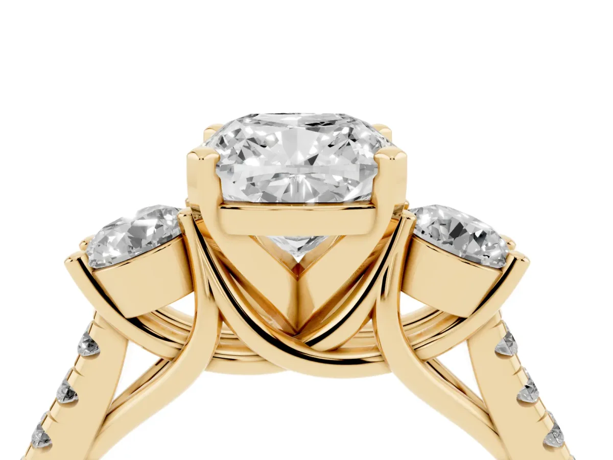 Three-Stone Cushion Cut Diamond Pavé Band with Four-Prong Setting Yellow gold
