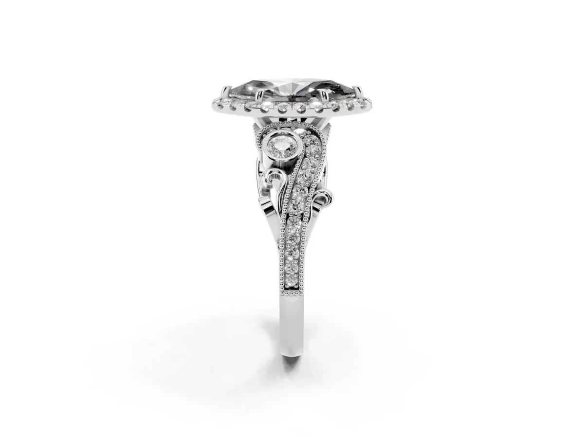 Fancy Black Marquise Cut Halo Diamond Ring with Milgrain and Bezel Accents on a Split Shank Band Platinum