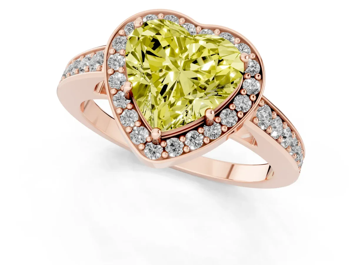 Fancy Yellow Heart Cut Halo Pavé Diamond Engagement Ring with Bezel Setting Rose gold