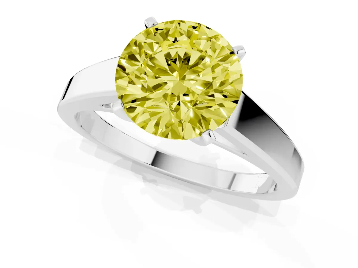 Fancy Yellow Round Cut Solitaire Engagement Ring with Four-Prong Setting and Tapered Band Silver