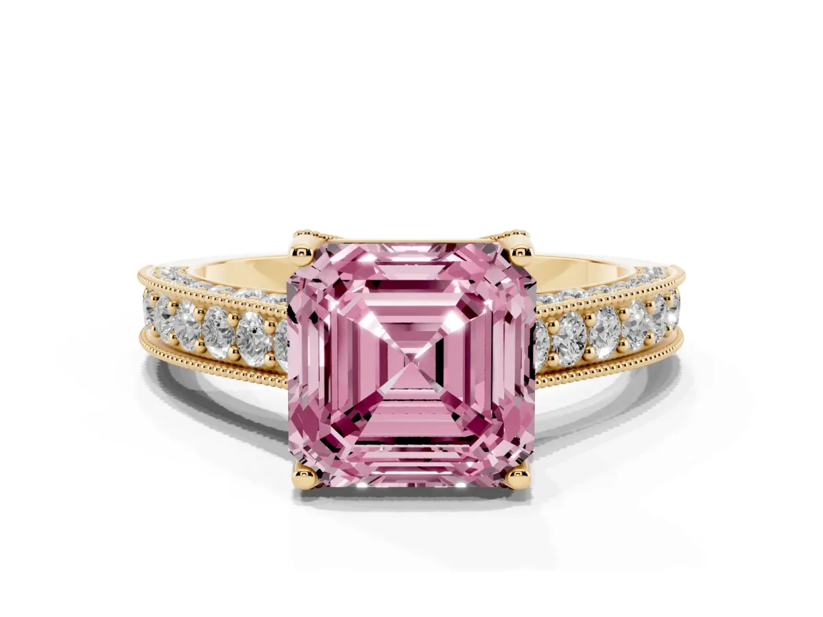 Fancy Pink Asscher Cut Cut Diamond Solitaire Ring with Milgrain Pave Band and Four Prong Setting Yellow gold