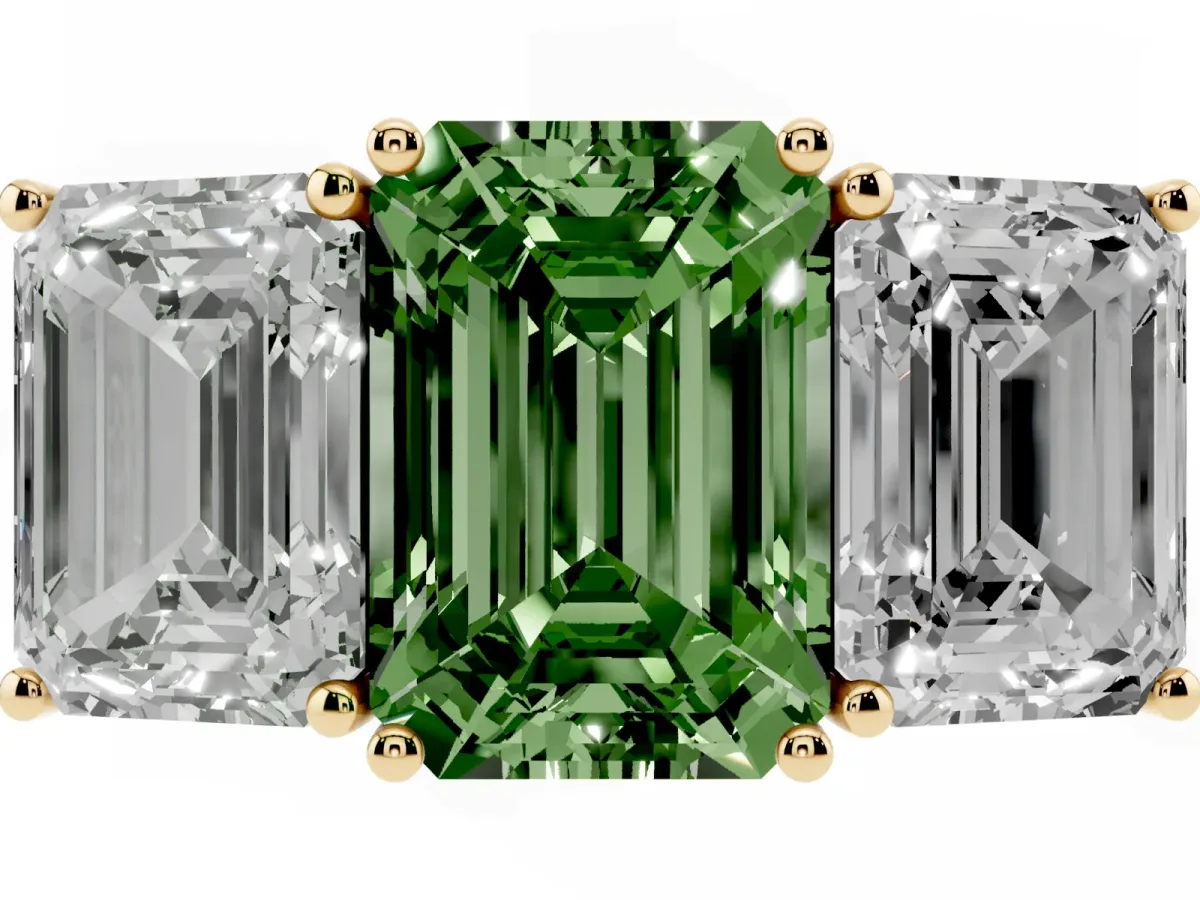 Fancy Green Emerald Cut Diamond Three-Stone Ring with Prong Setting and Textured Band Yellow gold