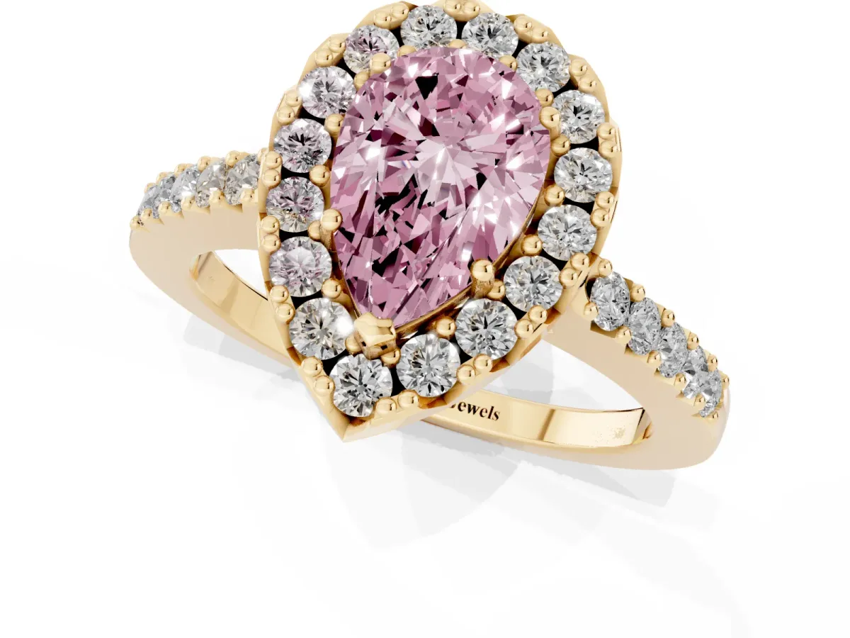 Fancy Pink Pear Cut Halo Diamond Pavé Solitaire Ring Yellow gold