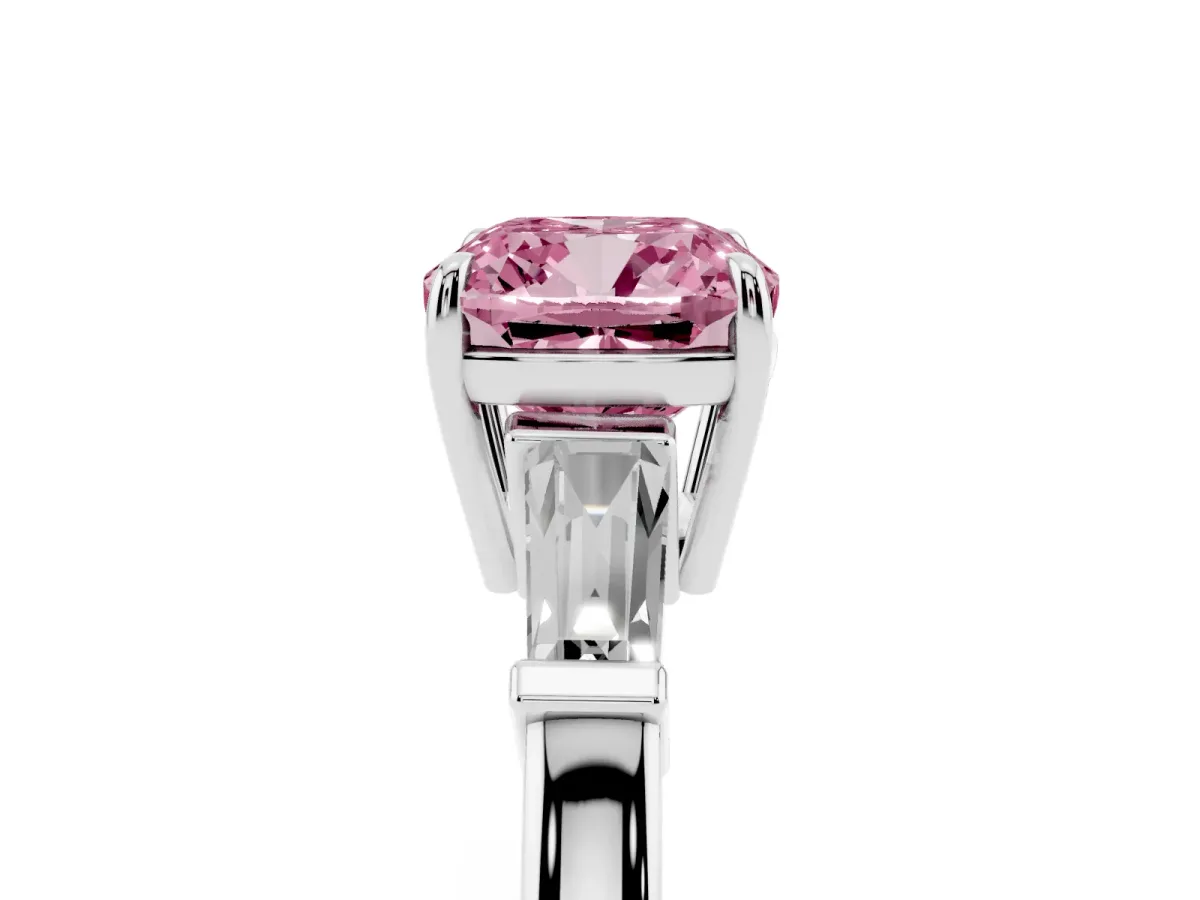 Fancy Pink Cushion Cut Diamond Three-Stone Ring with Tapered Baguette Side Stones and Prong Setting Silver