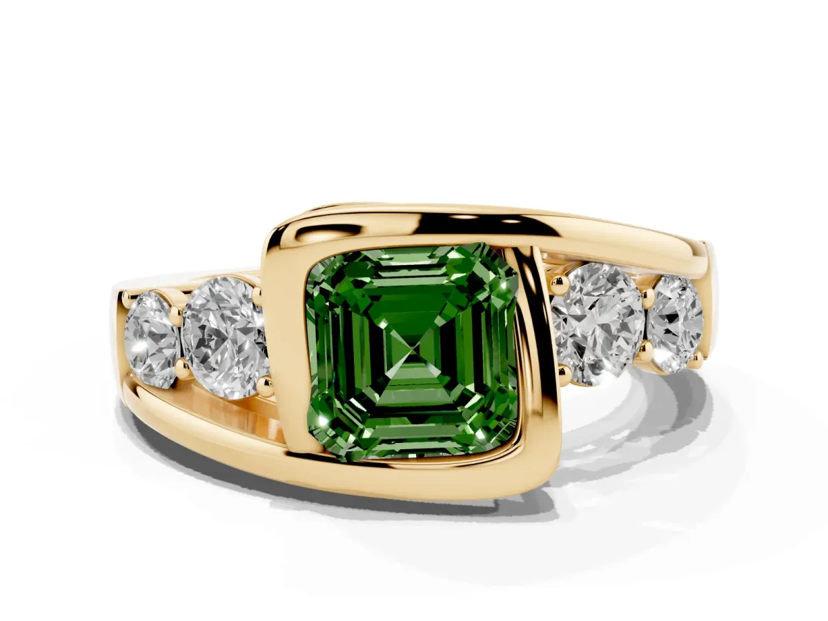 Fancy Green Bezel Set Asscher Cut Diamond Bypass Ring with Round Accents Yellow gold